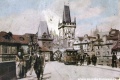 Karlův most s vozem koňky mířícím ke Křižovnickému náměstí na dobové kolorované pohlednici. | okolo 1890