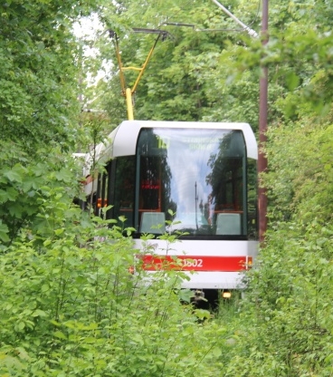 Vůz RT6N1 ev.č.1802 na odstavné koleji před smyčkou Stránská skála. | 17.5.2015
