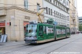 Vůz Škoda 03T7 Anitra #1821 vypravený na linku 4 opouští tramvajovou trať od náměstí Svobody. | 22.8.2019
