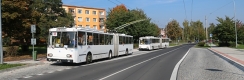 Díky intervalům trolejbusové dopravy takřka nereálná situace, během níž se v jedné zastávce setkají dva trolejbusy téže linky. Trolejbusy Škoda 15Tr11/7 ev.č.008 a 020. Zatímco ten první je tu na objednané jízdě, ten druhý na běžné lince. | 30.9.2017