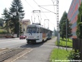 Jednokolejným úsekem tramvajové tratě se k Lékárně blíží souprava vozů T3m ev.č.62+58. | 23.8.2013