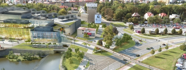 Vizualizace tramvajové trati v sousedství obchodního centra Šantovka, jenž se do stávající tratě napojuje dvoukolejným trojúhelníkem.