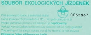 Titulní strana Souboru ekologických jízdenek vydaného pravděpodobně v roce 1995 s doplněním textů v angličtině a němčině.