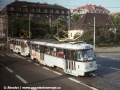 Výlukové odklony vedly v srpnu 1997 linku č. 22 do Braníka a tak mohla být reklamní souprava  TWIX vozů ev.č.6382+6383 zachycena na Výtoni | 27.8.1997