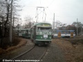 Opět setkání s tramvají typu T6A5, ale tentokrát ve smyčce Výstaviště, kde souprava T2 ev.č.627+660 projela manipulačním obloukem ze smyčky směrem na Hranečník | 14.2.1998