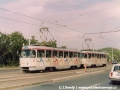 Souprava vozů T3 #6390+6391 vypravená na linku 4 opouští zastávku Vozovna Motol. | 24.8.1992