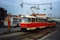 Souprava motolských vozů T3 vedená vozem #6511 zatahuje přes tehdy manipulační trať Za ženskými domovy z linky 12 do vozovny Motol. | 29.8.1994