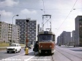 Souprava vedená vozem T3 ev.č.6671 během vypravení na zdejší stálou linku 11 stanicuje v zastávce Červený Vrch. | 1968