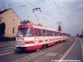 Souprava vozů T3SUCS ev.č.7148+7149 vypravená na linku 8 opatřená celovozovou reklamou na zmrzliny Algida stanicuje v zastávce Malý Břevnov. | září 1994