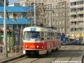 Souprava vozů T3M #8096+8011 vypravená na linku 9 při jízdě k zastávce Klamovka míjí objekt někdejší tramvajové vozovny Košíře. | 12.3.2004