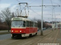 Vůz T3R.P ev.č.8355 vypravený na linku náhradní dopravy 36 míří od zastávky Kublov ke Dvorcům podél areálu plaveckého bazénu v Podolí. | 15.3.2004