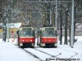 Setkání modernizovaných vozů typu T3R.P ev.č.8418 na lince 5 a ev.č.8416 na záložním vlaku vozovny Kobylisy X za výstupní zastávkou smyčky Výstaviště | 6.3.2005