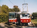 Vůz T6A5 ev.č.8702 na lince 6 na střední koleji a souprava vozů T3R.P ev.č.8356+8357 na lince 4 na koleji vnitřní ve smyčce Kotlářka. | 18.9.2003