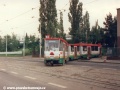 Vůz KT8D5 ev.č.9003 vypravený na lince 35 vyjíždí z vozovny Motol na zadní sběrač ve směru jízdy | 23.7.1997
